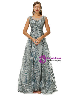 Gray Tulle Beading Sleeveless Long Prom Dress
