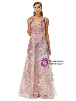 Pink Lace Tulle V-neck Appliques Beading Sleeveless  Prom Dress Pink Lace Tulle V-neck Appliques Beading Sleeveless  Prom Dress