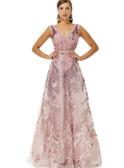 Pink Lace Tulle V-neck Appliques Beading Sleeveless  Prom Dress Pink Lace Tulle V-neck Appliques Beading Sleeveless  Prom Dress