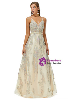 Champagne Tulle Appliques Beading Spaghetti Straps Backless Prom Dress Champagne Tulle Appliques Beading Spaghetti Straps Backless Prom Dress