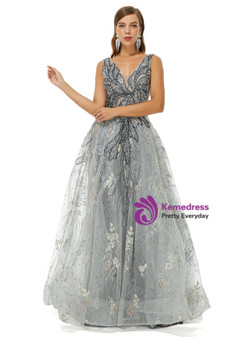 Gray Tulle V-neck Appliques Beading Sleeveless Prom Dress Gray Tulle V-neck Appliques Beading Sleeveless Prom Dress