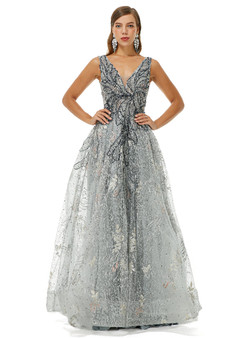 Gray Tulle V-neck Appliques Beading Sleeveless Prom Dress Gray Tulle V-neck Appliques Beading Sleeveless Prom Dress