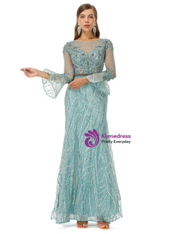 Blue Illusion Neck Mermaid Tulle Beading Long Sleeve Prom Dress Blue Illusion Neck Mermaid Tulle Beading Long Sleeve Prom Dress