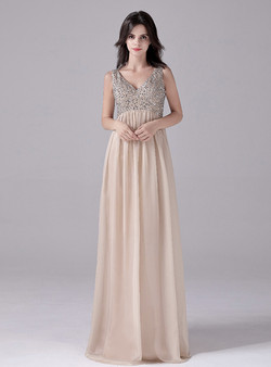 Champagne Beading Sequins Chiffon Backless V-neck Prom Dress