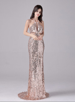 Pink Sequins Mermaid Halter Cut Out Prom Dress