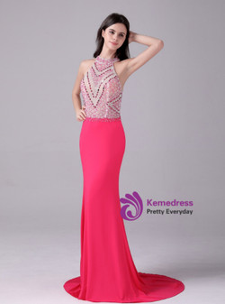Fuchsia Mermaid Halter Beading Crystal Prom Dress