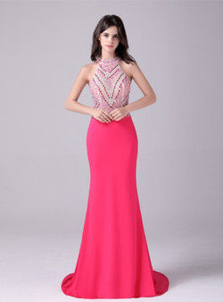 Fuchsia Mermaid Halter Beading Crystal Prom Dress