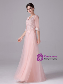 Pink V-neck Short Sleeve Tulle Appliques Prom Dress