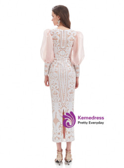 Champagne Pink Sequins V-neck Tea Length Prom Dress