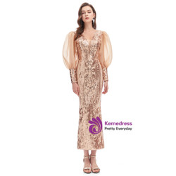 Gold Sequins V-neck Long Sleeve Tea Length Prom Dress