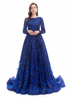 Royal Blue Long Sleeve Sequins Feather Prom Dress