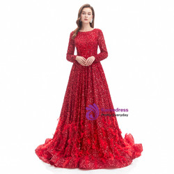 Red Long Sleeve Sequins Feather Prom Dress