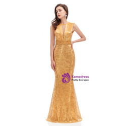 Gold Mermaid Sequins Beading Open Back Prom Dress