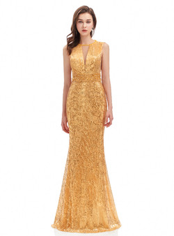Gold Mermaid Sequins Beading Open Back Prom Dress