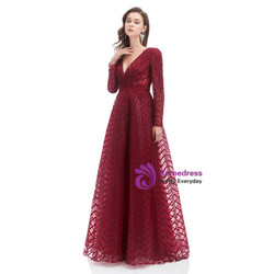 Burgundy Deep V-neck Long Sleeve Appliques Beading Prom Dress Burgundy Deep V-neck Long Sleeve Appliques Beading Prom Dress