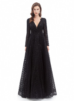 Black Deep V-neck Long Sleeve Tulle Appliques Prom Dress Black Deep V-neck Long Sleeve Tulle Appliques Prom Dress