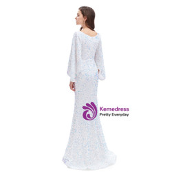 White Mermaid Sequins Square Neck Bat Sleeve Prom Dress White Mermaid Sequins Square Neck Bat Sleeve Prom Dress