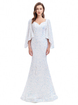White Mermaid Sequins Square Neck Bat Sleeve Prom Dress White Mermaid Sequins Square Neck Bat Sleeve Prom Dress