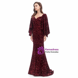 Burgundy Mermaid Sequins Square Bat Sleeve Prom Dress