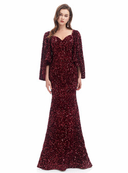 Burgundy Mermaid Sequins Square Bat Sleeve Prom Dress