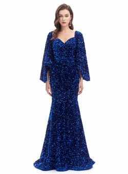 Royal Blue Bateau Mermaid Sequins Bat Sleeve Prom Dress