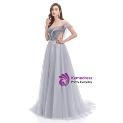 Gray Tulle Illusion Neck Sequins Pleats Beading Prom Dress