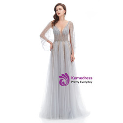 Silver Gray Tulle See Through V-neck Beading Prom Dress