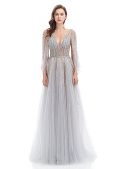 Silver Gray Tulle See Through V-neck Beading Prom Dress