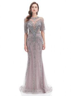 Gray Short Sleeve Mermaid Tulle Heavy Beading Prom Dress