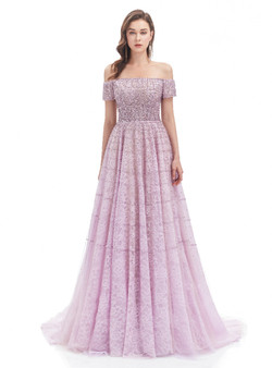 Light Purple Lace Beading Sequins Short Sleeve Prom Dress