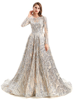 Silver Gray Sequins Backless Long Sleeve Prom Dress