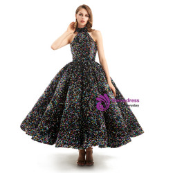 Colorful Sequins Halter Backless Tea Length Prom Dress