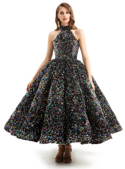 Colorful Sequins Halter Backless Tea Length Prom Dress