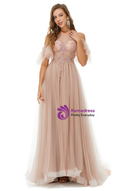Pink Tulle See Through Beading Crystal Prom Dress