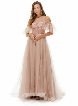 Pink Tulle See Through Beading Crystal Prom Dress