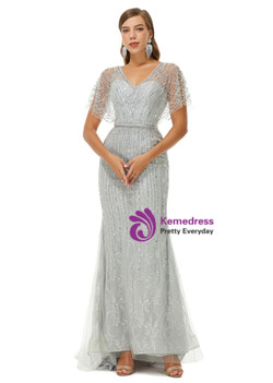 Silver Gray Mermaid Bat Sleeve Beading Sequins Prom Dress