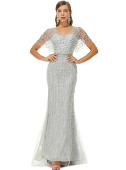 Silver Gray Mermaid Bat Sleeve Beading Sequins Prom Dress