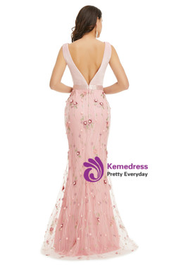 Pink Mermaid Lace V-neck Sleeveless 3D Appliques Prom Dress Pink Mermaid Lace V-neck Sleeveless 3D Appliques Prom Dress