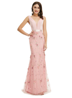 Pink Mermaid Lace V-neck Sleeveless 3D Appliques Prom Dress Pink Mermaid Lace V-neck Sleeveless 3D Appliques Prom Dress