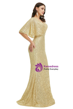 Gold V-neck Mermaid Sequins Bat Sleeve Prom Dress Gold V-neck Mermaid Sequins Bat Sleeve Prom Dress