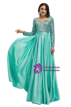 Satin Sequins Square Long Sleeve Square Prom Dress