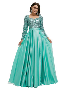 Satin Sequins Square Long Sleeve Square Prom Dress