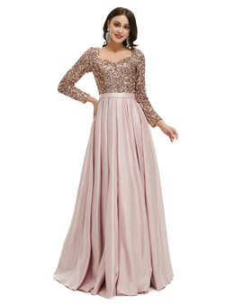 Pink Long Sleeve Satin Sequins Square Pleats Prom Dress