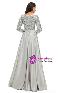 Long Sleeve Silver Gray Satin Sequins Prom Dress