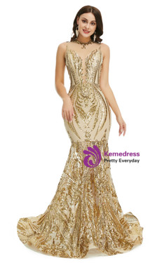 Gold Mermaid See-through Sequins Sleeveless Prom Dress Gold Mermaid See-through Sequins Sleeveless Prom Dress