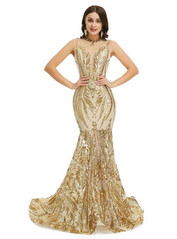 Gold Mermaid See-through Sequins Sleeveless Prom Dress Gold Mermaid See-through Sequins Sleeveless Prom Dress