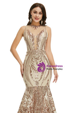Champagne Gold Mermaid Sequins Sleeveless Prom Dress