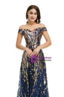 Navy Blue Tulle Gold Sequins Long Prom Dress