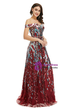 Modern Burgundy Tulle Sequins Off the Shoulder Prom Dress Modern Burgundy Tulle Sequins Off the Shoulder Prom Dress