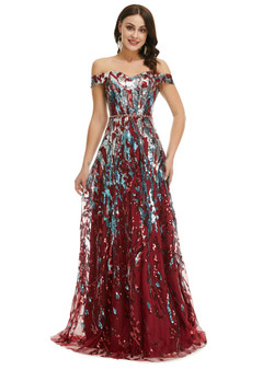 Modern Burgundy Tulle Sequins Off the Shoulder Prom Dress Modern Burgundy Tulle Sequins Off the Shoulder Prom Dress